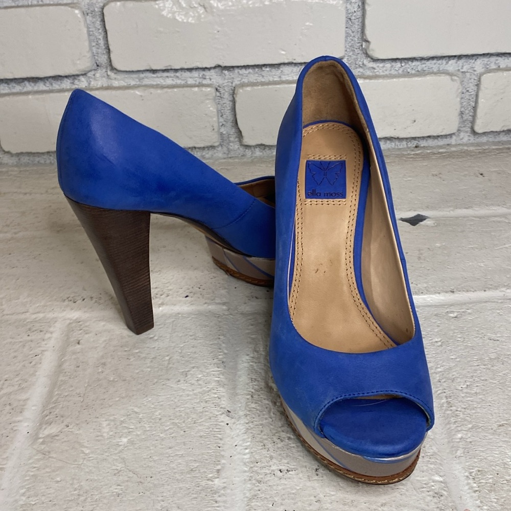 Ella Moss designer blue beige and brown high heel stiletto peep toe - Picture 6 of 6